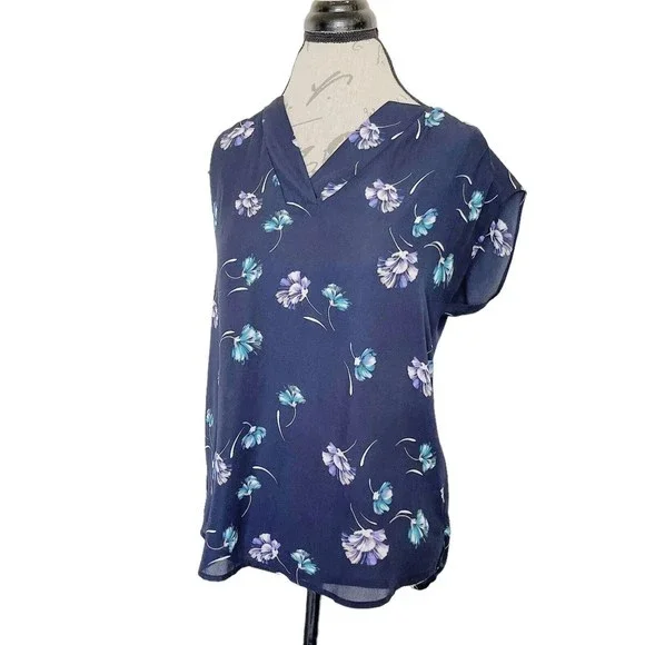 Banana Republic Womens Blouse Size XS Floral Artsy V Neckline Blue Office Wear - Picture 6 of 11